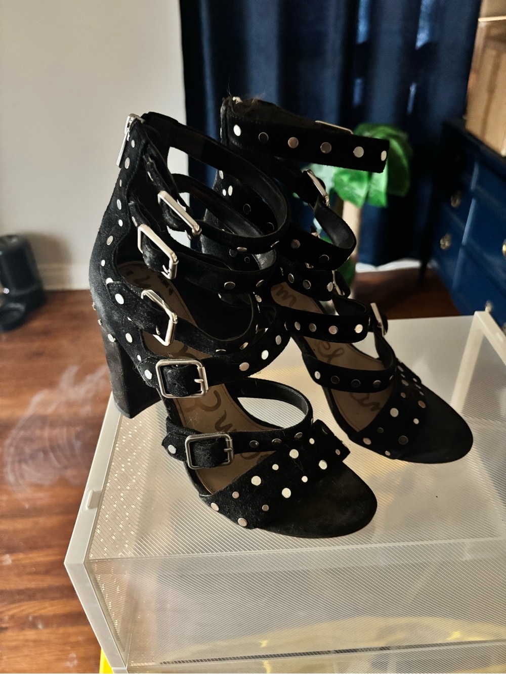 Sam Edelman Black Studded Multi-Strap Block Heels